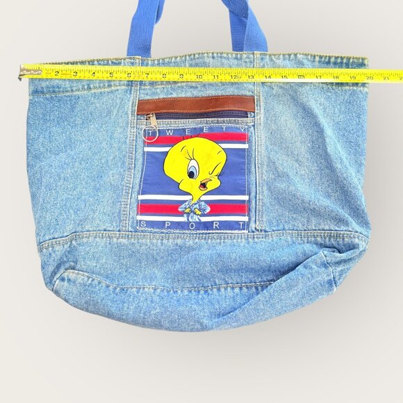 Vintage 90s Tweety Sport Denim Tote Bag With Blue Straps Front Zippered Pocket - Picture 8 of 11